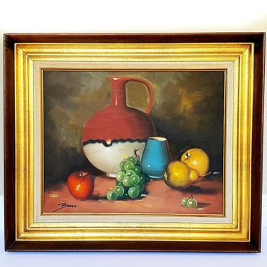 Vintage Oil Still Life Painting Artist Signed - Framed Fruit and Pottery Artwork, Wall Art in Gold Gilt Frame 