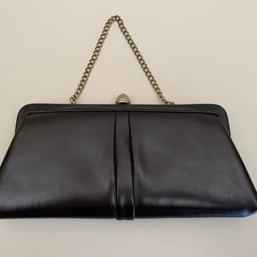 Vintage 1970s Brown Faux Leather Clutch Bag or Chain Handle with Gold Textured Clasp, Vintage Vegan Friendly Purse 