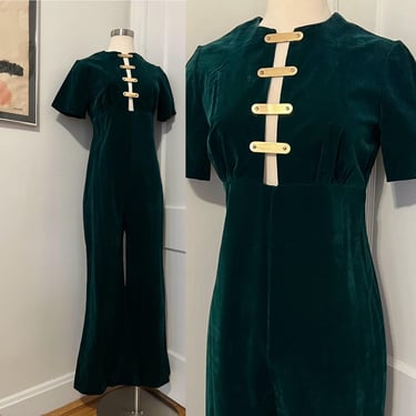 1960s green velveteen cut out jumpsuit // S-M // vintage 60s emerald green Holiday Christmas one piece pantsuit gold metal peek-a-boo detail 