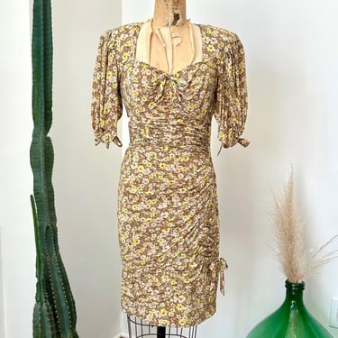 Vintage 1980s Dress / 80s Ungaro Floral Silk Ruched Dress w/ Bows / Yellow Brown ( S M ) 