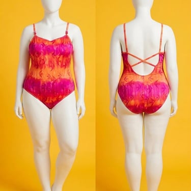 Vintage 1990s Neon Fish Print One Piece Bathing Suit Size L 