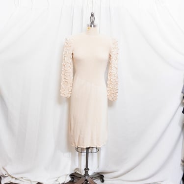 80s Cream Knit Braided Puff Sleeve Bridal Midi Dress Vintage 1980s Saks Fifth Avenue Ruffle Sleeve Reception Dress 