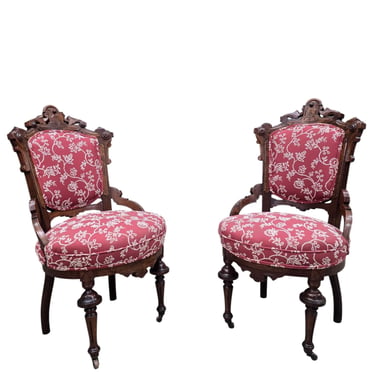 Antique Victorian Carved Walnut Parlor Chairs - Pair