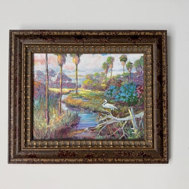 Vintage Tropical Florida Highwaymen–Style Oil on Canvas Painting with Egret, Framed 
