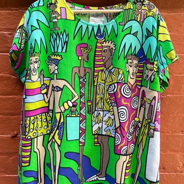 1980s Resnicoff art print shirt Espirit // M // vintage 80s New Wave novelty print boxy rayon shirt 