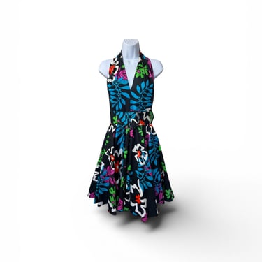 1980s Lillie Rubin Abstract Floral Halter Dress 