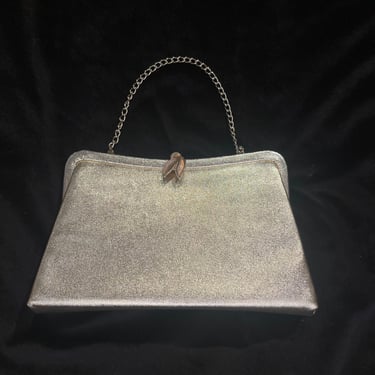 50's Trapezoid Convertible Gold Evening Bag With Ornate Leaf Closure