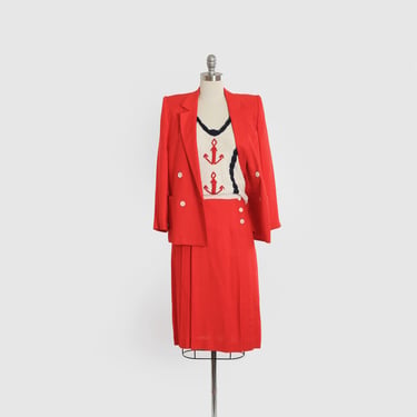 80s Red woven 2- PIECE suit | vintage 1980s Red double breasted suit dress skirt Blazer set 