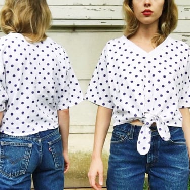 Vintage 80s Oversized White + Purple Polka Dot V-Neck Short Sleeve Oversized Grunge Crop Top One Size Fits 