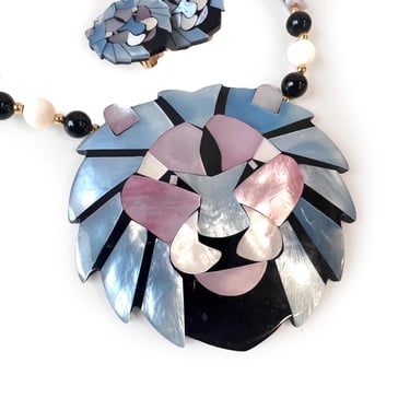 Lee Sands Lion Head Pendant Earrings, Mother of Pearl Mosaic Statement Jewelry, Leo Zodiac 