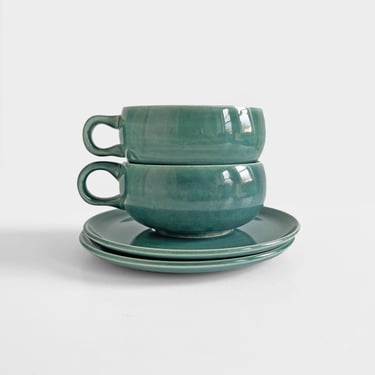 Russel Wright Seafoam Green Flat Cups and Saucers Set of 2 American Modern Steubenville Pottery USA Teal Espresso Teacups 