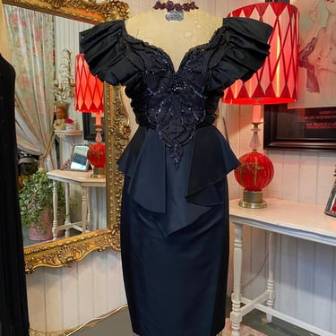 vintage 1980s black satin beaded peplum dress statement cocktail 80s fashion nye 