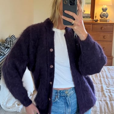 Vtg Fuzzy Angora Cardigan Sweater, Vintage Plum Purple Sweater Jacket Top, Knit Button Front Top 