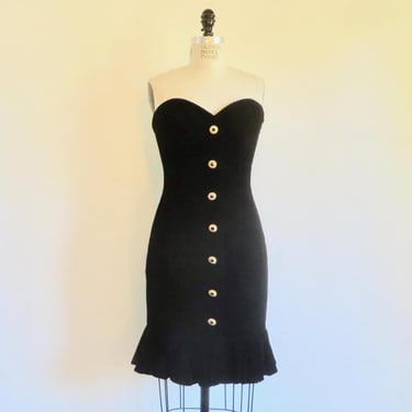 1980's Black Velvet Strapless Evening Dress Sweetheart Neckline 80's Cocktail Party Dresses Julie Duroche Size Small 