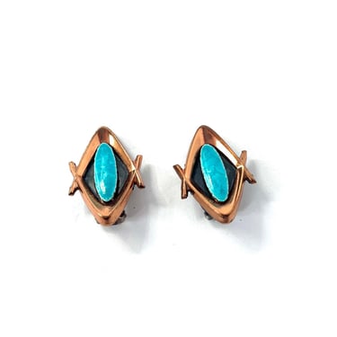 Matisse Copper and Turquoise Enamel Clip On Earrings, Vintage Matisse Stamped Earrings, 1950s Clip Earrings, Collectors Copper Earrings 