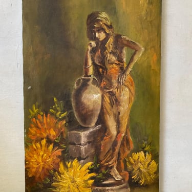 Vintage Oil Painting Of Rebecca At The Well Statue Surrounded By Yellow Chrysanthemums,  Woman In Gown With Urn, Signed Art By Roemer 