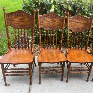 Set of 3 Vintage Solid Oak Dining Chairs | Carved High Back Farmhouse Chairs | Colonial Traditional Dining Room Seating | Wood Kitchen Chair 