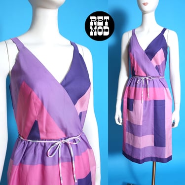 Lovely Vintage 60s 70s Pink Purple Geometric Palm Beach Style Sun Dress 
