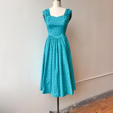 Vintage 1980s Laura Ashley Polka Dot Midi Dress | Retro Cap Sleeve Laura Ashley Basque Waist Dress 