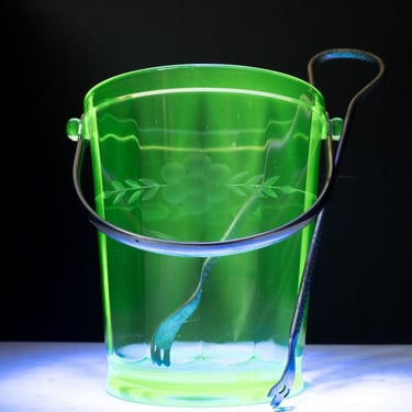 Antique Vintage Uranium Glass Ice Bucket with Tongs, UV Glow and Flower Pattern, 1920s 1930s 