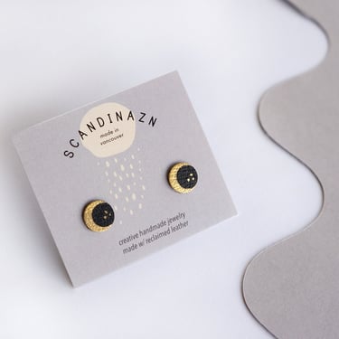Moon Stud Earrings Lunar Studs // Crescent Moon & Starry Night Sky Earrings Painted on Recycled Leather Surgical Stainless Steel Posts 