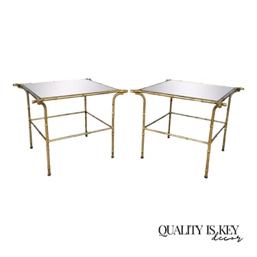 Vintage Italian Hollywood Regency Faux Bamboo Gold Mirror Low Side Tables - Pair