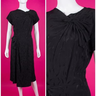 Vintage 1940s Black Rayon Cocktail Dress With Gathered Details Size S/M 