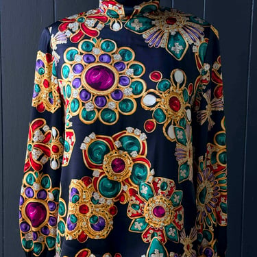 Vintage Carlisle Jewel Print Long Sleeve Turtleneck Blouse - Size S