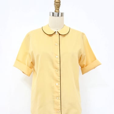 Vintage 1950s Blouse | Short Cuffed Sleeves and Peter Pan Collar | Yellow with Brown Trim 