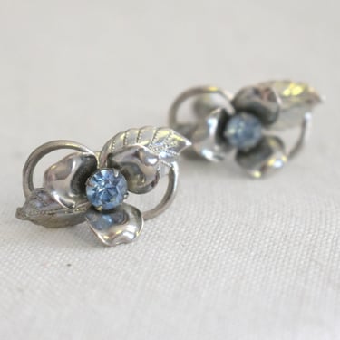 1940s/50s Silver Flower Rhinestone Screw Back Earrings 