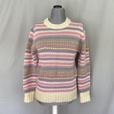 Womens pastel 1980s striped dress, 80s spring sweater with stripes, size medium sweater, pink and white striped pullover, crew neck 