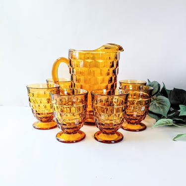 Vintage 7 Pc. Amber Whitehall Beverage Set Water Glasses Pitcher/Indiana Glass Colony 1970s/USA/Boho Country Cottage Core Farmhouse/Cubist 