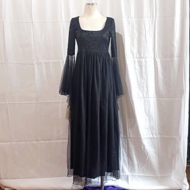 Vintage 90s Eternal NYC • Whimsigoth Vampirecore • Black Mesh • Maxi Dress • Angel Trumpet Sleeves • Mall Goth • Medium 