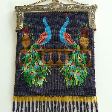 Antique Art Nouveau Peacocks Floral Silver Frame Beaded Purse 