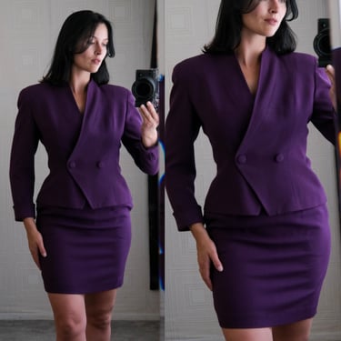 Vintage 90s CHRISTIAN DIOR Plum Purple Double Breasted Power Skirt Suit w/ Matching Mini Skirt | Made in USA | 1990s Dior Designer Suit 