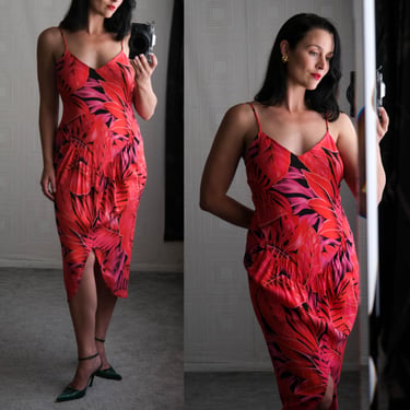 Vintage 80s HEARTS Pink & Black Tropical Palm Leaf Print Drop Ruche Pleated Waist Spaghetti Strap Summer Dress | 1980s Designer Rayon Dress 