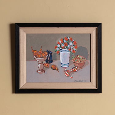 Modern Floral & Candy Still Life Oil Painting by Vincenzo Censotti, Italy, 1970s