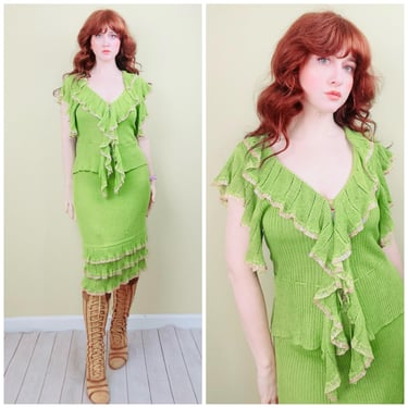 Y2K Betsey Johnson Chatreuse Knit Ruffled Sweater Set Sequin Fairy / Medium 