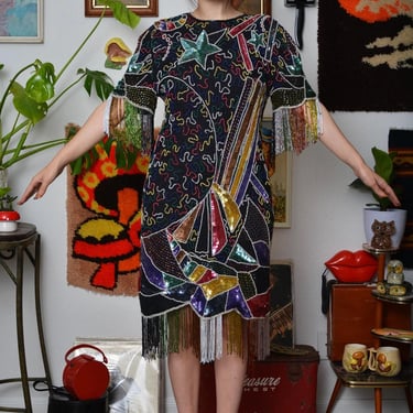 Vintage 1980s Sequin Beaded Fringe Dress | Abstract Disco Glam Party Dress| Lovers Vintage 