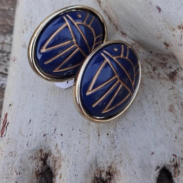 Cobalt Blue Scarab Earrings - Vintage Clip-Ons 