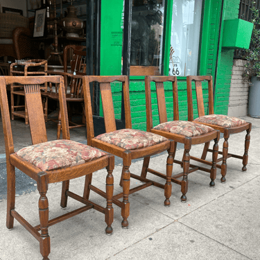 Don't Be Shy | Set of Four Oak Antique British Dining Chairs in Jacobean Revival Style