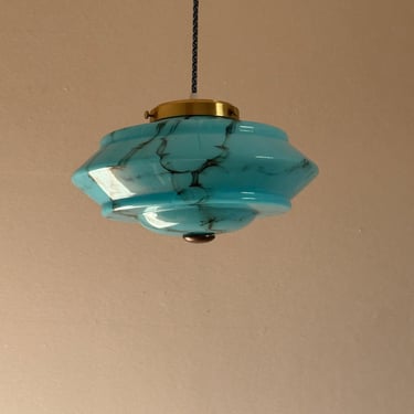 Antique Art Deco Blue Marbled Glass Pendant Lamp / Mid Century Ceiling Light / Vintage Hanging Lamp / Made in Italy / 1940s 