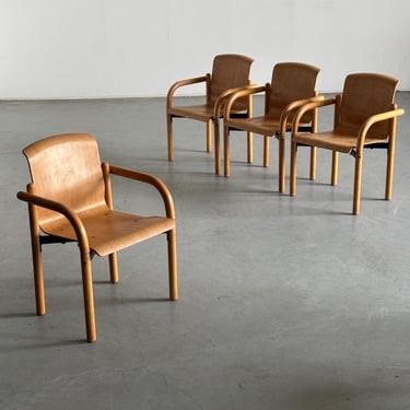 Set of 4 Vintage Mid-Century Modern Armchairs in Bent Plywood and Metal in the Style of Thonet S320, Austria 1980s 