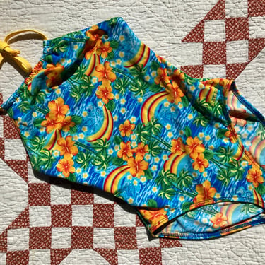 XS S 90s 00s Mudd One Piece Swimsuit Tropical Hawaiian Print Rainbows Swim Suit Bathing Suit Swimwear Y2K 1990s 