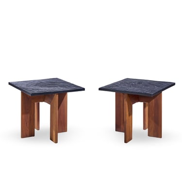 Adrian Pearsall for Craft Associates Mid Century Walnut and Slate Top Side Tables - Pair - mcm 