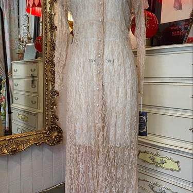 vintage 1980s beige sheer lace maxi dress 80s fashion casual wedding victorian L 