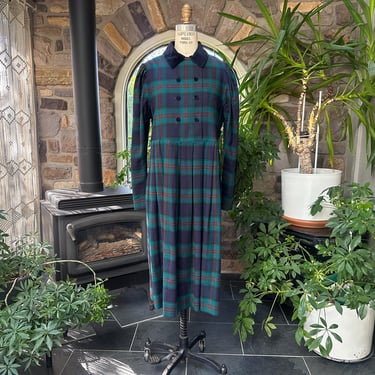 Vintage 1980s Laura Ashley Blue Green Plaid Double Breasted Midi Dress 