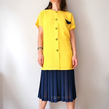 Vintage 80s Color Block Dress: Pleated Skirt, Size M 