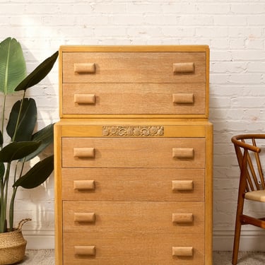 Vintage Art Deco Blonde Wood Highboy Dresser with Carved Detail
