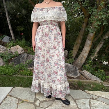 1970s Gunne Sax Floral Boho Gown Off-the-Shoulder Dress size Small 